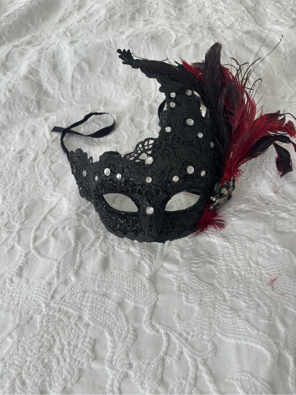 One of a Kind Handmade Gothic Masquerade Mask with Antique Rhinestone Brooch
